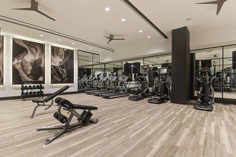 Fitness center with Peloton bikes at Valo, Washington